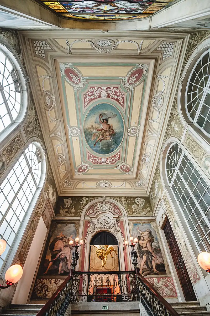 The entire painted ceiling and grand staircase of Palácio Chiado