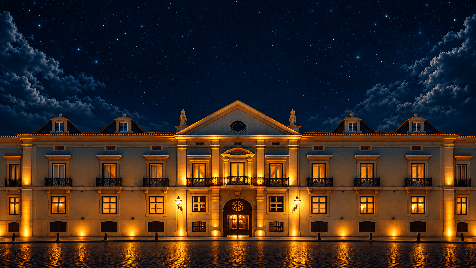The illuminated palace from the Moon Summit poster beneath a midnight sky